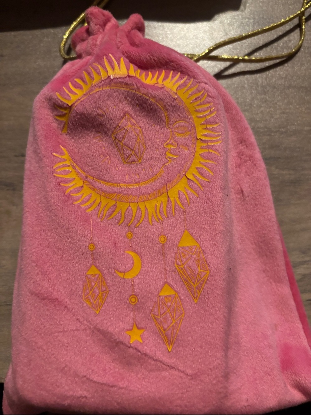 Pink Velvet Drawstring Pouch with Gold Moon & Crystal Print + Pink Tarot Cards